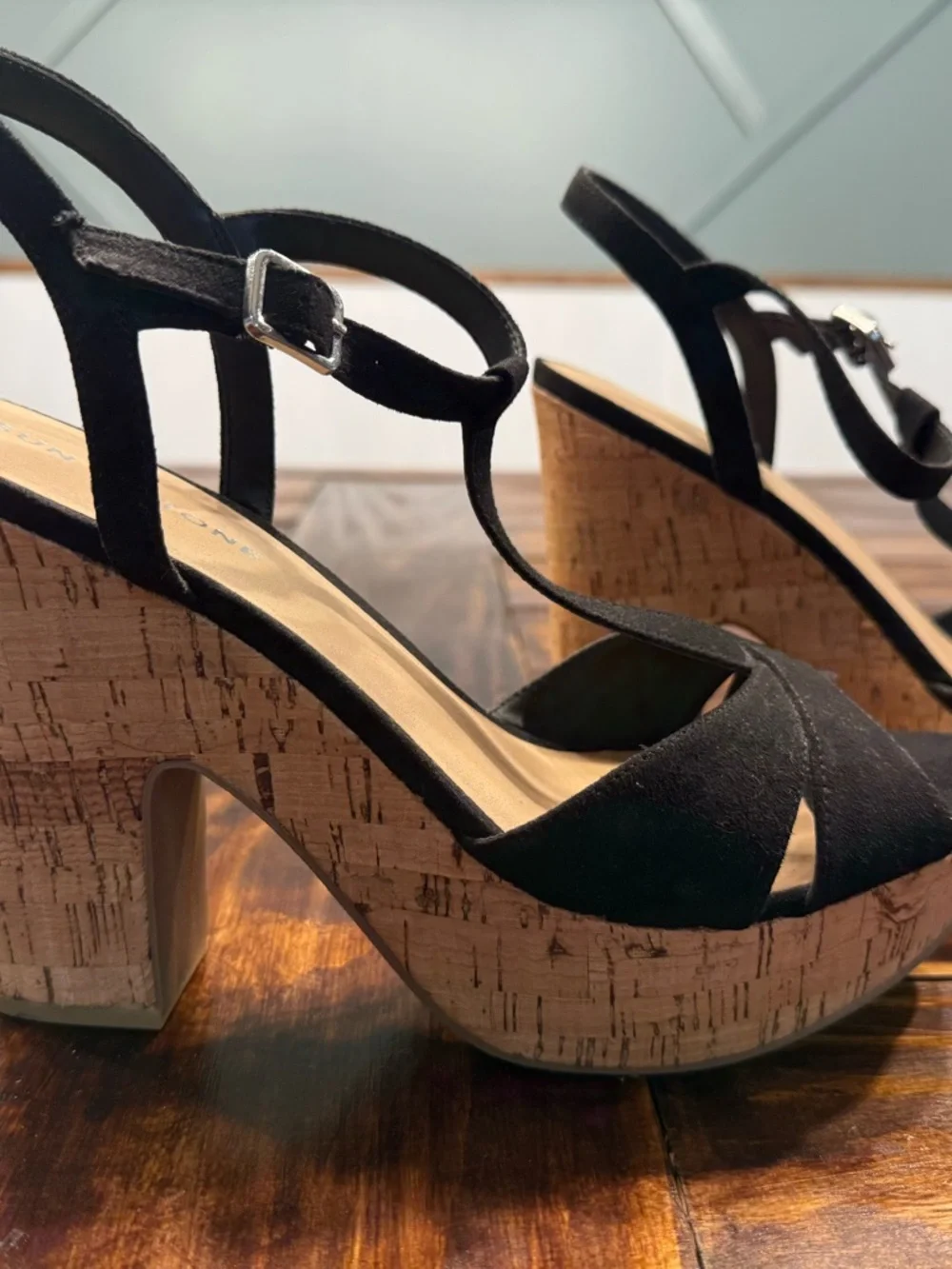 Sun + Stone Black Cork Platform Heeled Sandals 10